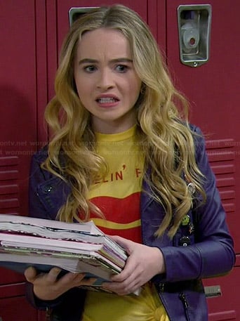 Maya’s yellow lips graphic tee and purple leather moto jacket on Girl Meets World