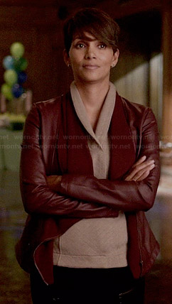 Molly’s oxblood draped front leather jacket on Extant