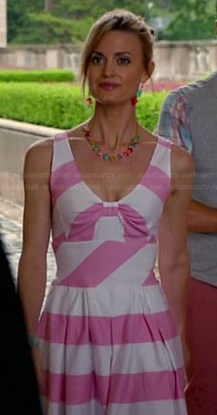 Paige’s pink candy striped dress and multi colored necklace on Royal Pains