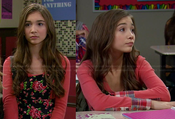 Riley’s orange long sleeved top with plaid cuffs and floral cross-back dress on Girl Meets World