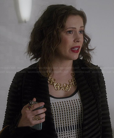 Savi’s geometric printed top and black striped jacket on Mistresses
