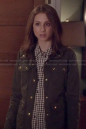 Spencer’s black and white gingham check shirt and green jacket on Pretty Little Liars