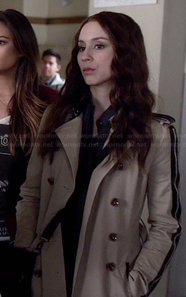 Spencer’s trench coat with black leather trim on Pretty Little Liars