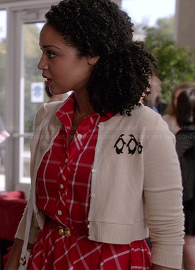 Beth’s red checked shirtdress and penguin cardigan on Chasing Life