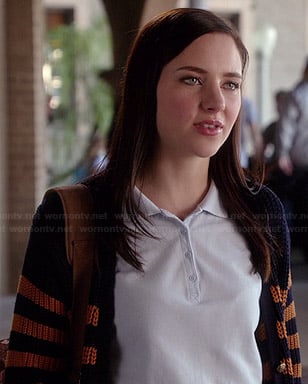 Brenna’s navy and yellow striped cardigan on Chasing Life