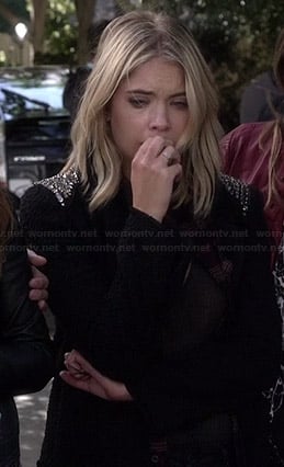 Hanna’s black jacket with embellished shoulders on Pretty Little Liars