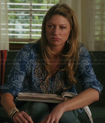 Josslyn’s blue printed blouse with beading on Mistresses