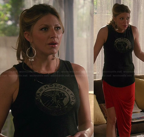 Josslyn’s “Indian Motorcycle” tee and red draped asymmetric skirt on Mistresses