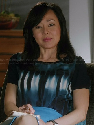 Karen’s blue abstract printed top on Mistresses