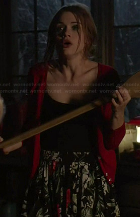 Lydia’s black floral skirt and red cardigan on Teen Wolf