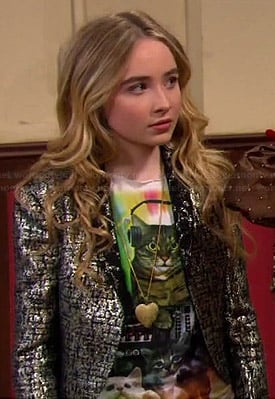 Maya’s psychedelic cat tee, metallic jacket and denim shorts on Girl Meets World