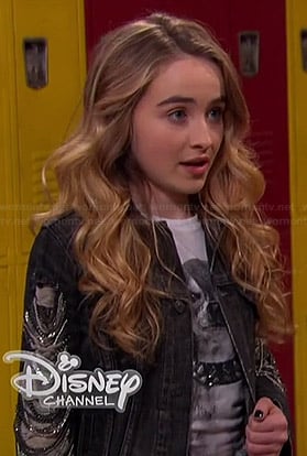Maya’s dog tee with studded collar and denim jacket with chain sleeves on Girl Meets World