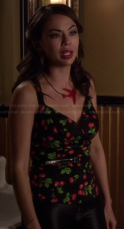 Mona’s cherry print top, red bird necklace and ice cream earrings on Pretty Little Liars