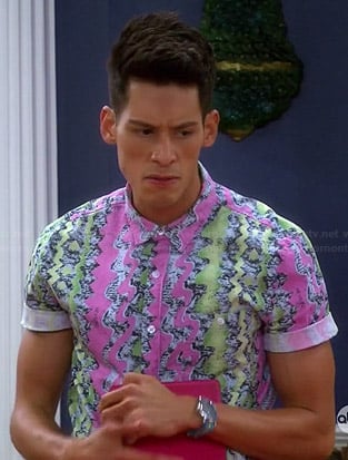 Nick’s pink and green printed shirt on Mystery Girls