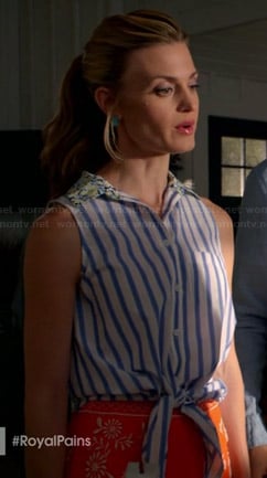 Paige’s striped tie front top with floral collar on Royal Pains