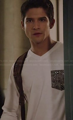 Scott’s white long sleeved tee with printed pocket on Teen Wolf