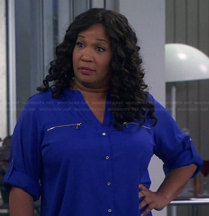 Yolanda’s blue zip pocket blouse on Young and Hungry