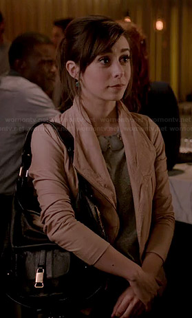 Zelda’s blush pink leather jacket and green square earrings on A to Z