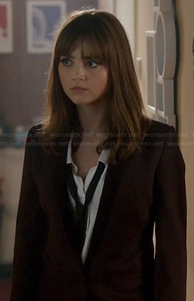 Clara’s burgundy blazer and white shirt with black tie on Doctor Who