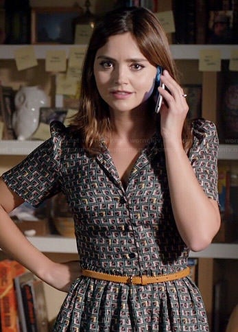 Clara’s green geometric printed shirtdress on Doctor Who