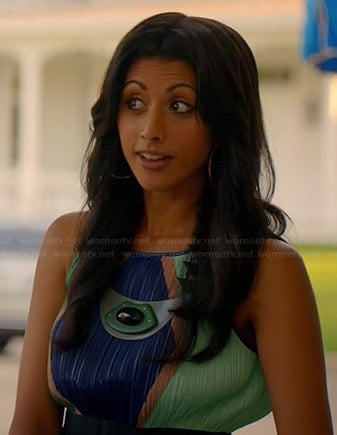 Divya’s blue and green pleated colorblock dress on Royal Pains