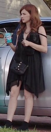 Gretchen’s black zip front dress on You’re The Worst