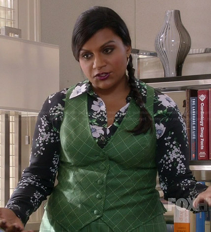 Mindy’s black floral long sleeve blouse and green checked vest and skirt on The Mindy Project