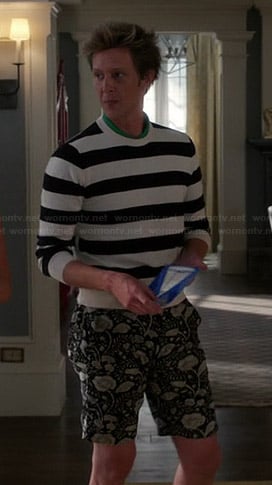 Nolan’s floral shorts and black and white striped sweater on Revenge
