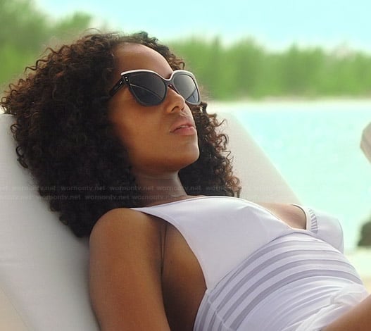 Olivia’s white sheer striped swimsuit and black and white sunglasses on Scandal