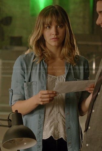 Paige’s scalloped trim top and denim shirt on Scorpion