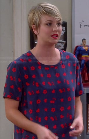 Penny’s blue and red heart, cherry and flower print top on The Big Bang Theory