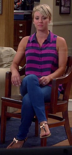 Penny’s pink and navy striped sleeveless shirt and gold bow sandals on The Big Bang Theory