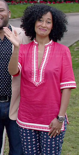 Rainbow’s pink split neck tunic with polka dot trim on Black-ish