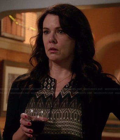 Sarah’s black and white printed top with zip front on Parenthood