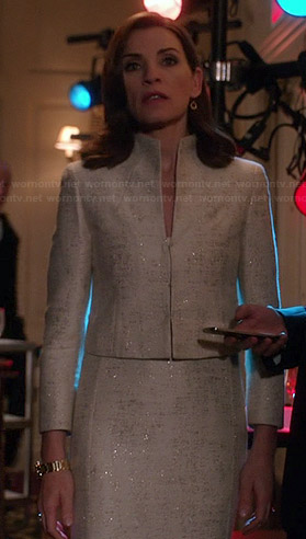 Alicia’s white metallic dress and matching jacket on The Good Wife