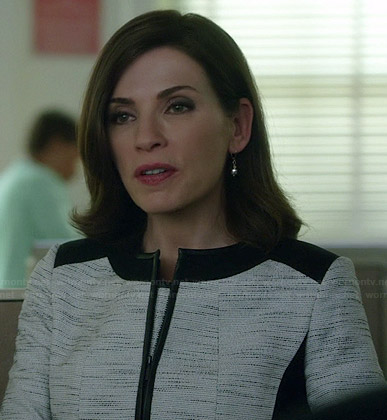 Alicia’s white tweed jacket with black trim on The Good Wife