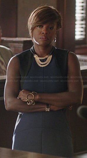 Annalise’s navy blue dress with black side panels on How to Get Away with Murder