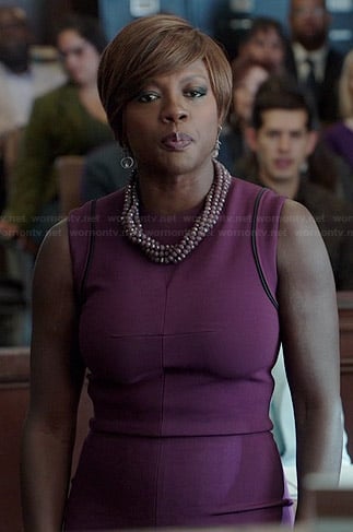 Annalise’s purple sleeveless dress with black trim on How to Get Away with Murder