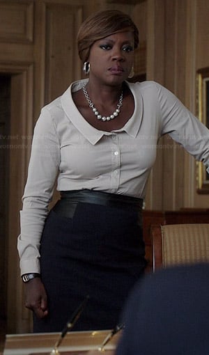 Annalise’s white scoopneck collared shirt on How to Get Away with Murder