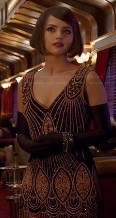 Clara’s beaded v-neck dress on Doctor Who