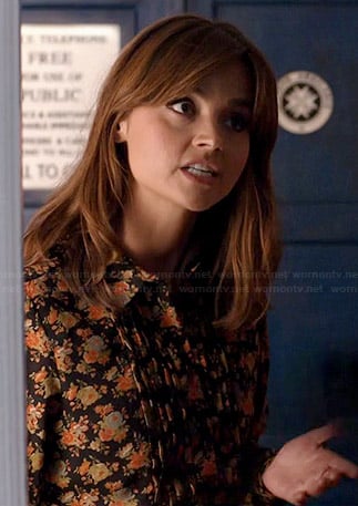 Clara’s black floral shirtdress on Doctor Who