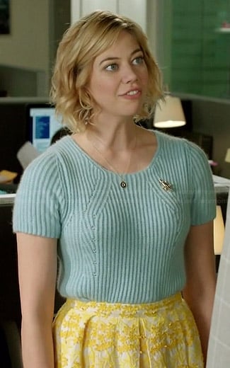 Dana’s blue short sleeved sweater and yellow embroidered skirt on Manhattan Love Story