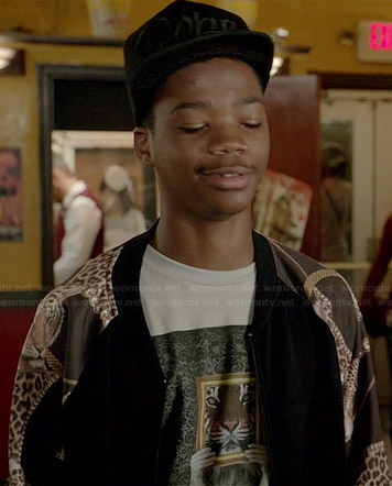 Dash’s tiger graphic tee and black bomber jacket with chain printed sleeves on Red Band Society
