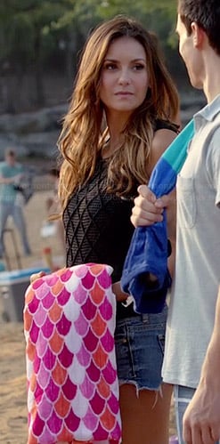 Elena’s black diamond crochet top and denim shorts on The Vampire Diaries