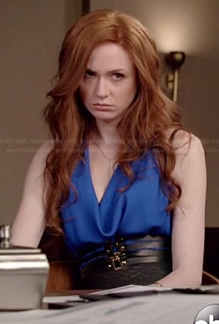Eliza’s blue draped front top, corset belt and leather skirt on Selfie