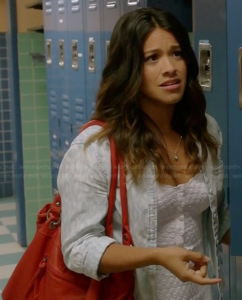 Jane’s white eyelet sundress and faded ikat print shirt on Jane the Virgin