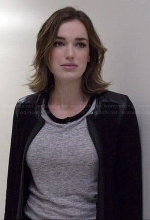 Jemma’s grey top with black chain neckline on Agents of SHIELD