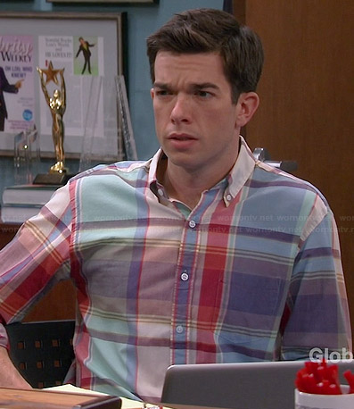 John’s multi colored plaid shirt on Mulaney