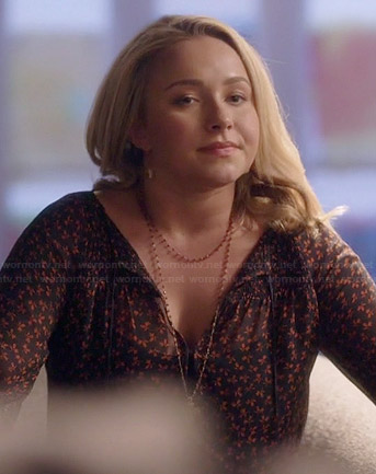 Juliette’s navy and red small print blouse on Nashville
