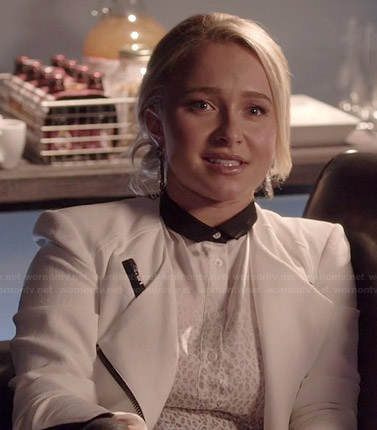 Juliette’s white cheetah print top with contrast collar and white jacket on Nashville